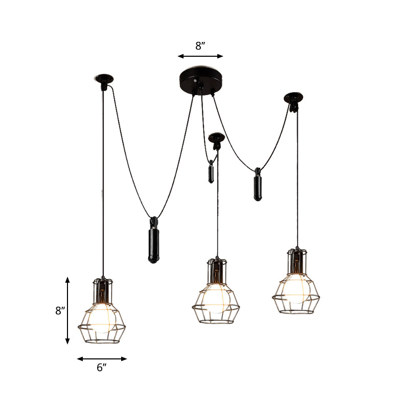 Farmhouse Black Metallic Pendant Light Fixture With Swag Design - 3/5/8 Head Caged Hanging Lamp