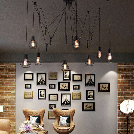 Farmhouse Black Metallic Pendant Light Fixture With Swag Design - 3/5/8 Head Caged Hanging Lamp