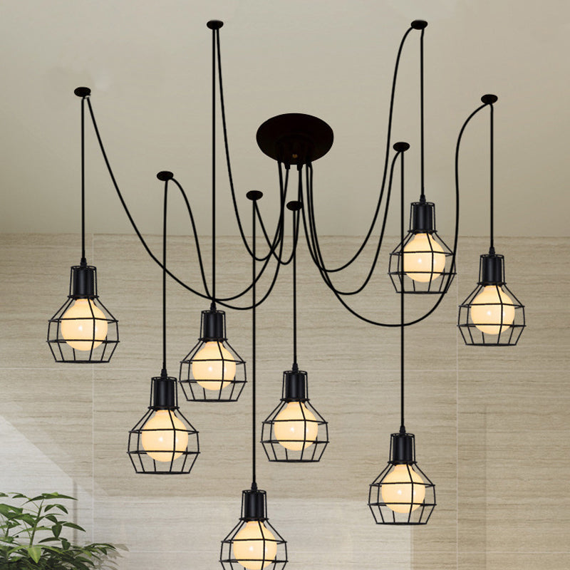 Farmhouse Black Metallic Pendant Light Fixture With Swag Design - 3/5/8 Head Caged Hanging Lamp