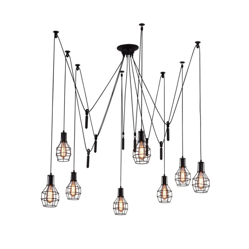 Farmhouse Black Metallic Pendant Light Fixture With Swag Design - 3/5/8 Head Caged Hanging Lamp