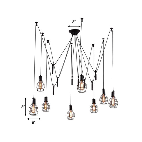 Farmhouse Black Metallic Pendant Light Fixture With Swag Design - 3/5/8 Head Caged Hanging Lamp