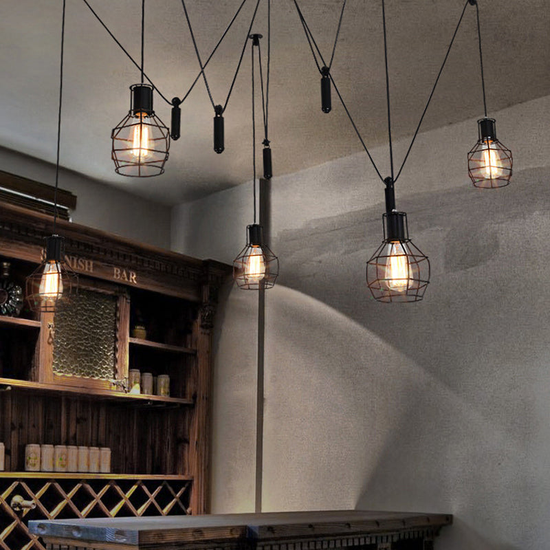 Farmhouse Black Metallic Pendant Light Fixture With Swag Design - 3/5/8 Head Caged Hanging Lamp