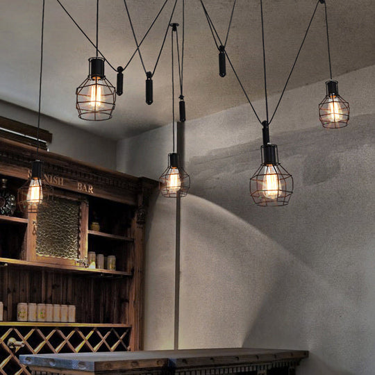 Farmhouse Black Metallic Pendant Light Fixture With Swag Design - 3/5/8 Head Caged Hanging Lamp