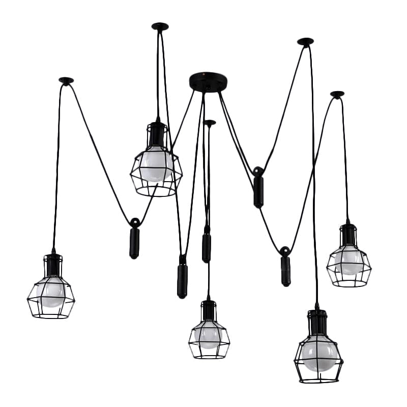 Farmhouse Black Metallic Pendant Light Fixture With Swag Design - 3/5/8 Head Caged Hanging Lamp