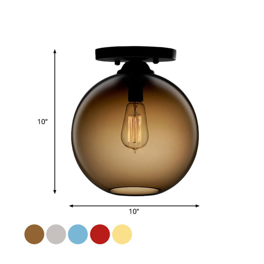 Industrial Style Semi-Flush Ceiling Light With Globe Shade In Red/Brown/Blue Glass For Dining Room