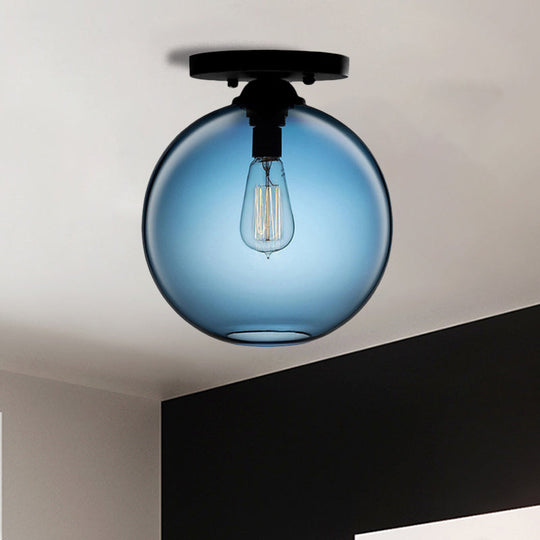 Industrial Style Semi-Flush Ceiling Light With Globe Shade In Red/Brown/Blue Glass For Dining Room
