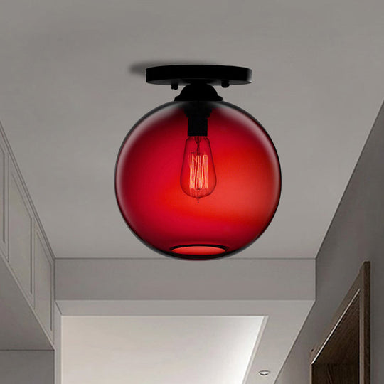 Industrial Style Semi-Flush Ceiling Light With Globe Shade In Red/Brown/Blue Glass For Dining Room