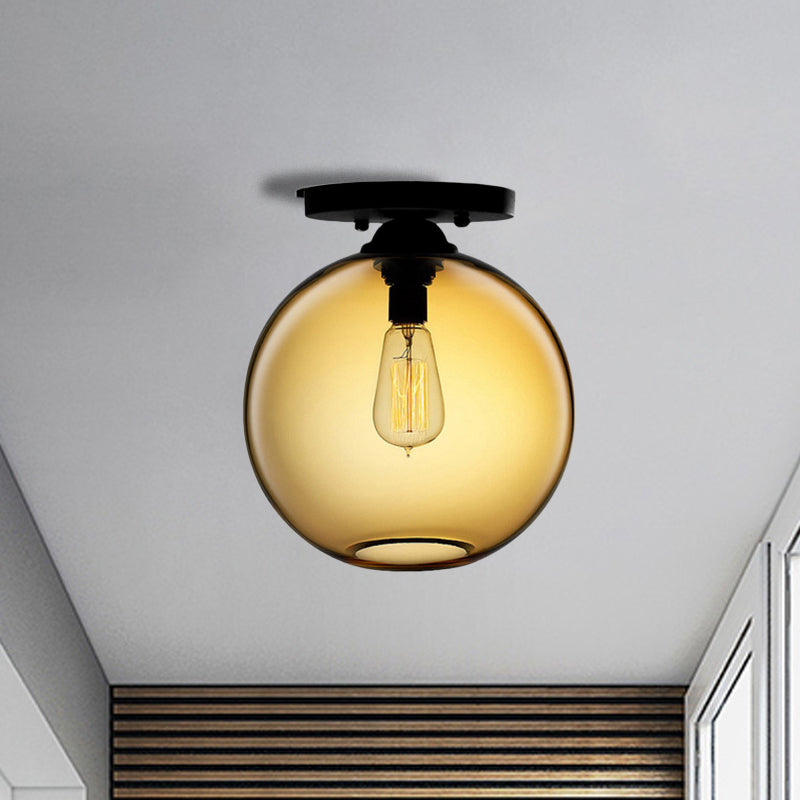 Industrial Style Semi-Flush Ceiling Light With Globe Shade In Red/Brown/Blue Glass For Dining Room