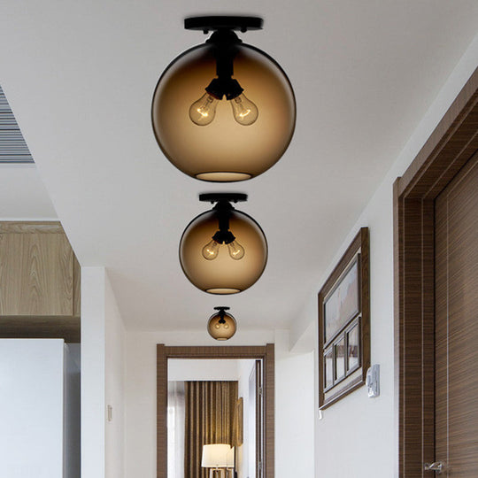 Industrial Style Semi-Flush Ceiling Light With Globe Shade In Red/Brown/Blue Glass For Dining Room