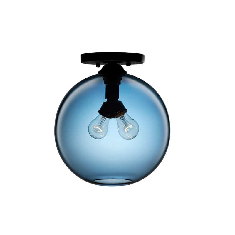 Industrial Style Semi-Flush Ceiling Light With Globe Shade In Red/Brown/Blue Glass For Dining Room