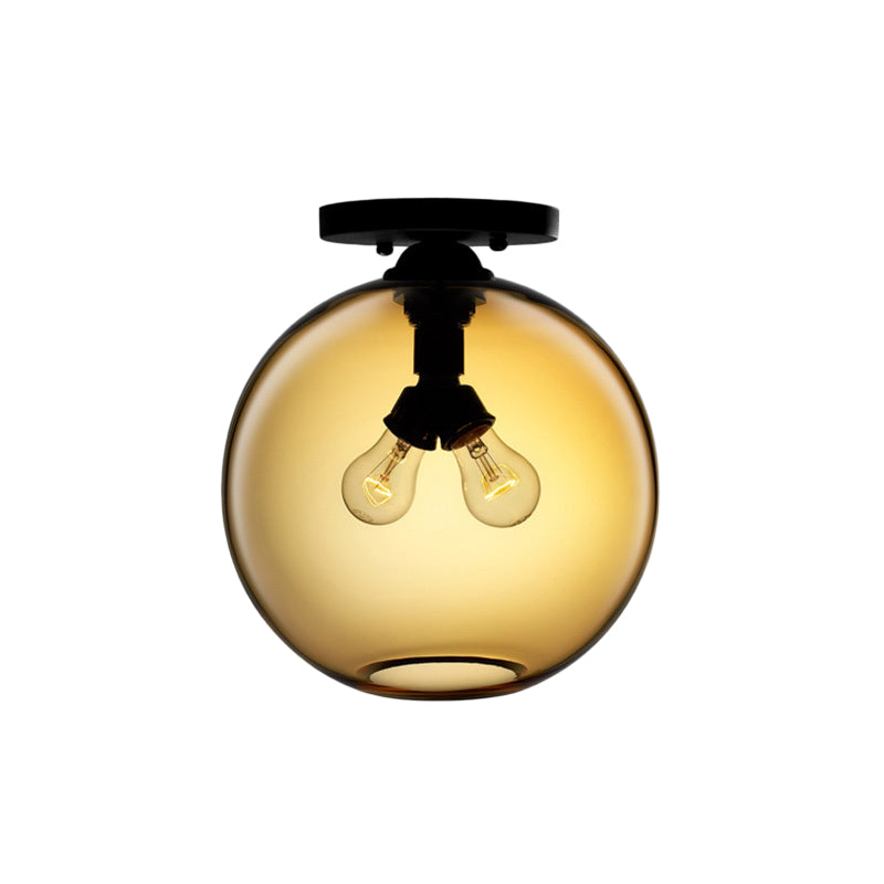 Industrial Style Semi-Flush Ceiling Light With Globe Shade In Red/Brown/Blue Glass For Dining Room