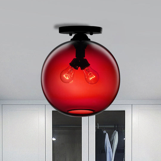 Industrial Style Semi-Flush Ceiling Light With Globe Shade In Red/Brown/Blue Glass For Dining Room