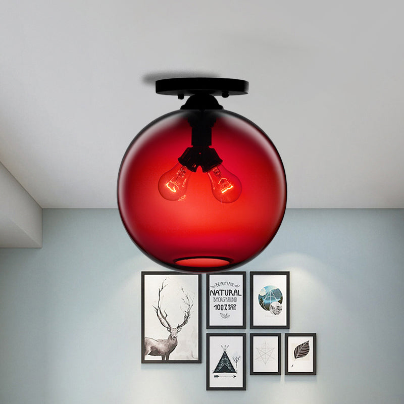 Industrial Style Semi-Flush Ceiling Light With Globe Shade In Red/Brown/Blue Glass For Dining Room