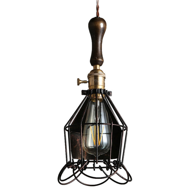 Vintage Metal Mini Cage Pendant Wall Light With Petal Shade - Rust Finish
