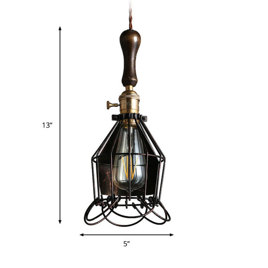 Vintage Metal Mini Cage Pendant Wall Light With Petal Shade - Rust Finish