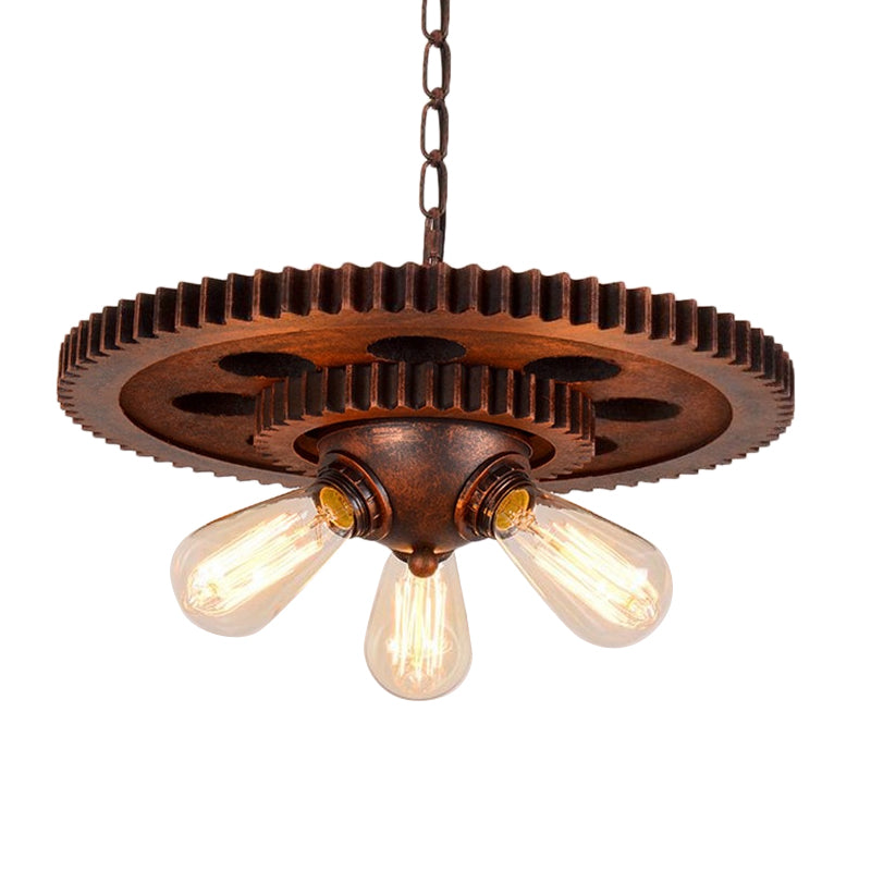 Rustic Weathered Copper Chandelier With Open Bulb And Gear Design – Perfect For Retro Restaurant