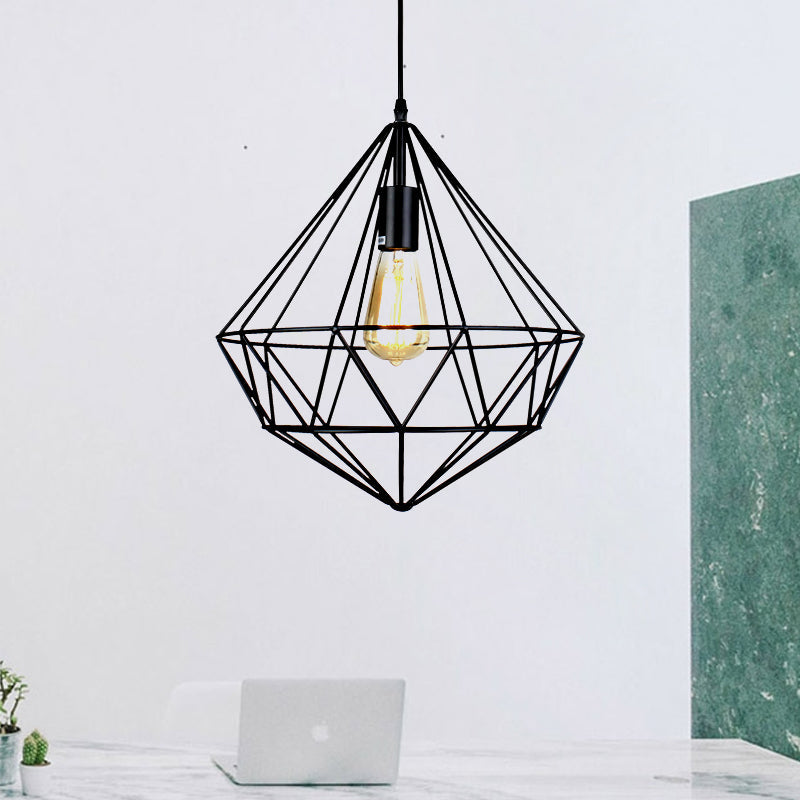 Industrial Faceted Cage Metal Pendant Ceiling Light In Black For Living Room - 1 Bulb