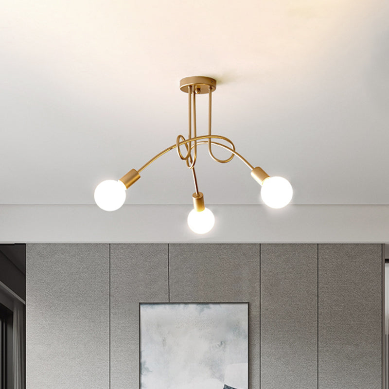 Industrial Twisted Semi Flush Mount 3 - Light Ceiling Light In Brass - Metallic Finish Bare Bulb