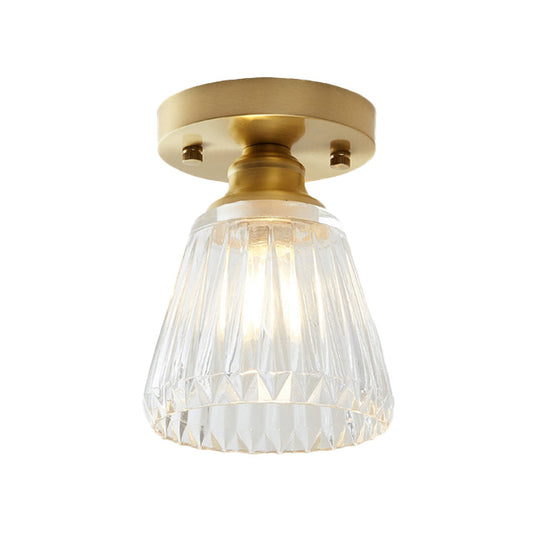 Industrial-Style Cone Glass Ceiling Light - Single Bulb Semi Flush Mount Fixture In Brass With