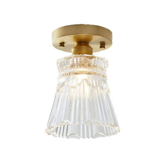 Industrial-Style Cone Glass Ceiling Light - Single Bulb Semi Flush Mount Fixture In Brass With