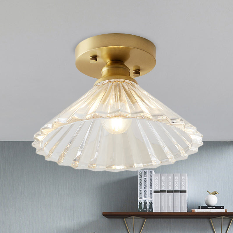 Industrial-Style Cone Glass Ceiling Light - Single Bulb Semi Flush Mount Fixture In Brass With