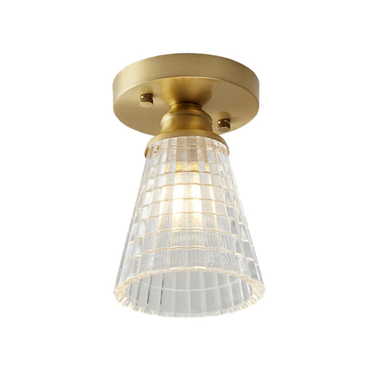 Industrial-Style Cone Glass Ceiling Light - Single Bulb Semi Flush Mount Fixture In Brass With