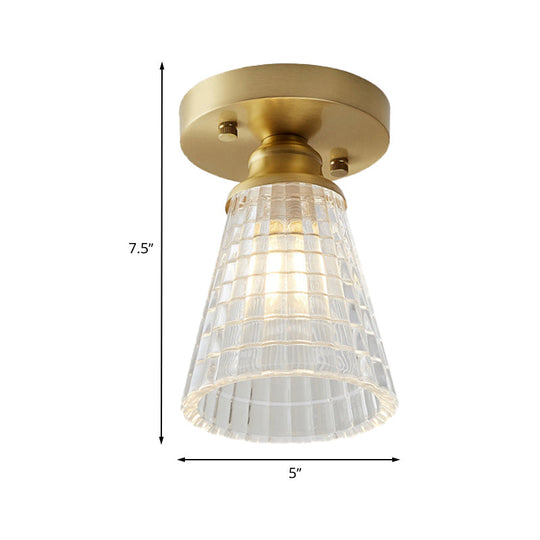 Industrial-Style Cone Glass Ceiling Light - Single Bulb Semi Flush Mount Fixture In Brass With