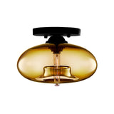 Industrial Semi Flush Ceiling Light With Oval Red/Brown/Blue Glass Shade - Black Finish Ideal For