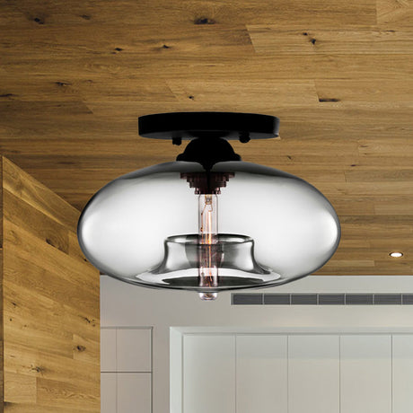 Industrial Semi Flush Ceiling Light With Oval Red/Brown/Blue Glass Shade - Black Finish Ideal For