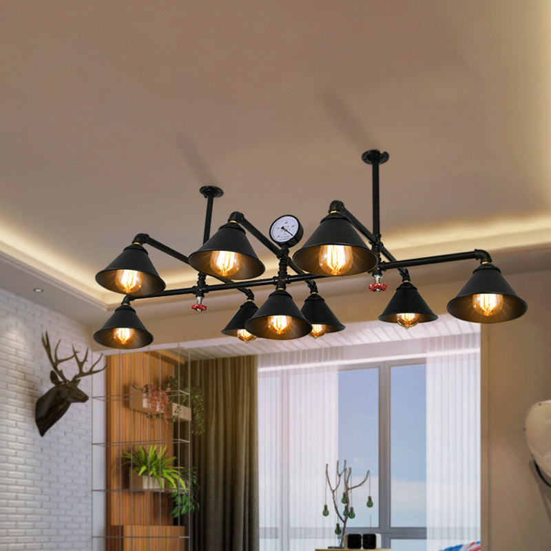 Iron Chandelier Pendant Light With Cone Shade - Industrial 9 Lights For Living Room Black Finish