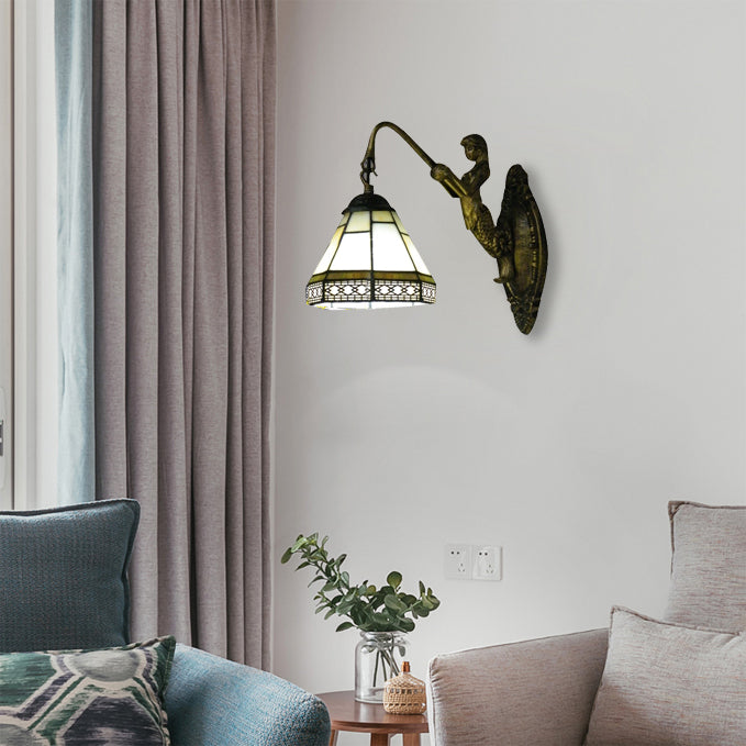 Mermaid Tiffany Sconce Light In Blue/Green/Amber Glass With Cone Wall Fixture Green