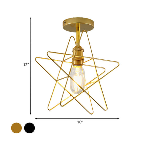 Vintage Industrial Star Cage Semi Flush Light: Black/Gold Metallic Mount For Corridor
