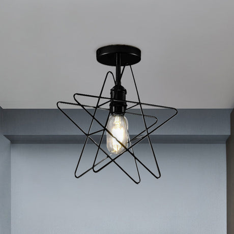 Vintage Industrial Star Cage Semi Flush Light: Black/Gold Metallic Mount For Corridor