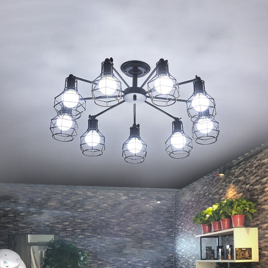 Retro Style Black Metal Semi Flush Pendant Light With Global Cage Shade For Living Room - 6/8