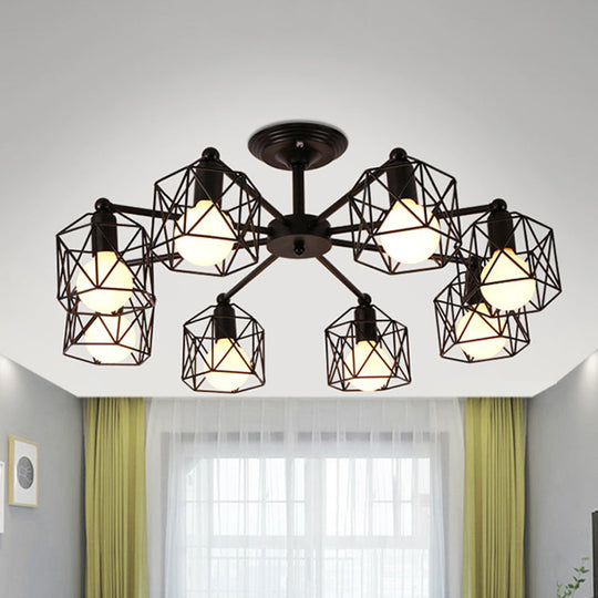 Retro Style Black Metal Semi Flush Pendant Light With Global Cage Shade For Living Room - 6/8