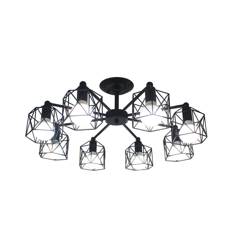 Retro Style Black Metal Semi Flush Pendant Light With Global Cage Shade For Living Room - 6/8