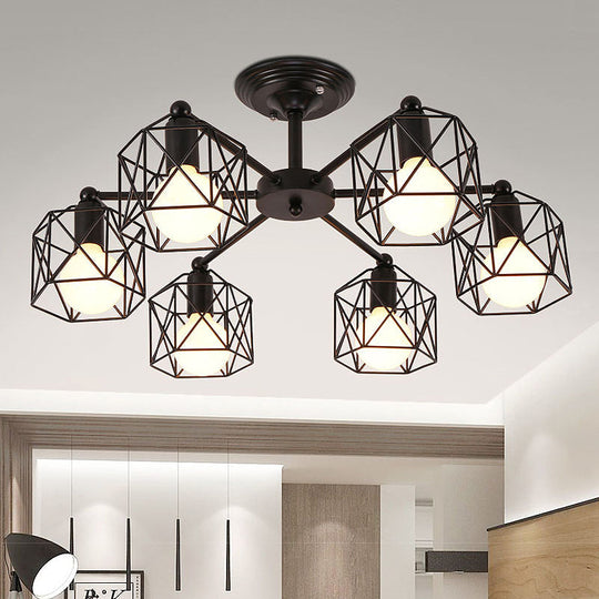 Retro Style Black Metal Semi Flush Pendant Light With Global Cage Shade For Living Room - 6/8