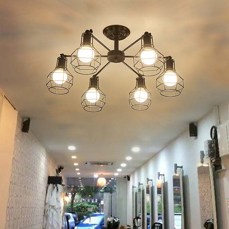 Retro Style Black Metal Semi Flush Pendant Light With Global Cage Shade For Living Room - 6/8