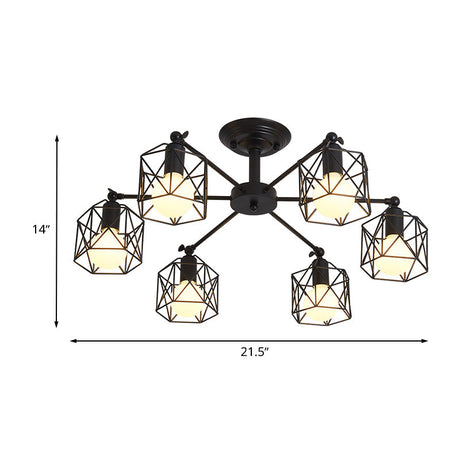 Retro Style Black Metal Semi Flush Pendant Light With Global Cage Shade For Living Room - 6/8 Lights