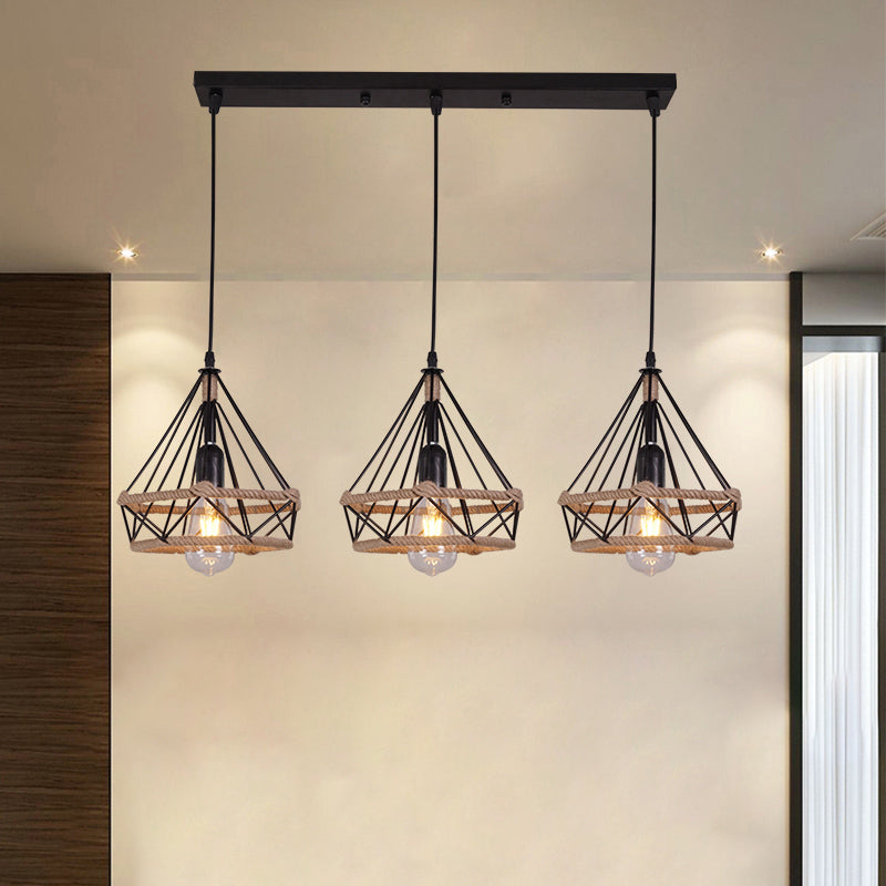Diamond Cage Pendant Lamp - Industrial Stylish 3 Lights Metal And Rope Black
