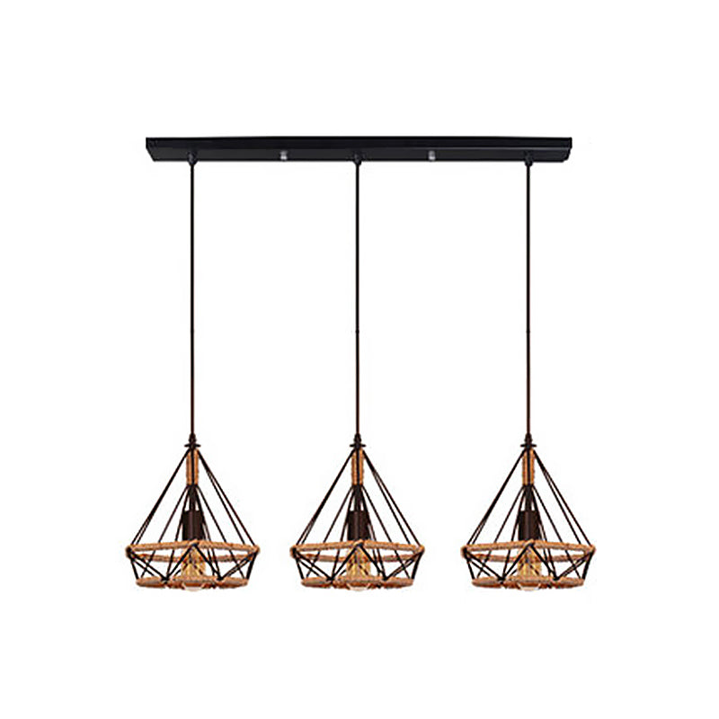 Diamond Cage Pendant Lamp - Industrial Stylish 3 Lights Metal And Rope Black