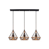 Stylish Diamond Cage Pendant Lamp - 3-Light Metal And Rope Hanging Fixture With Black Round/Linear