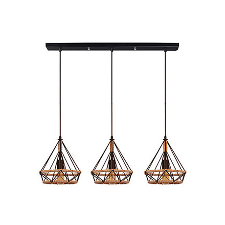 Stylish Diamond Cage Pendant Lamp - 3-Light Metal And Rope Hanging Fixture With Black Round/Linear