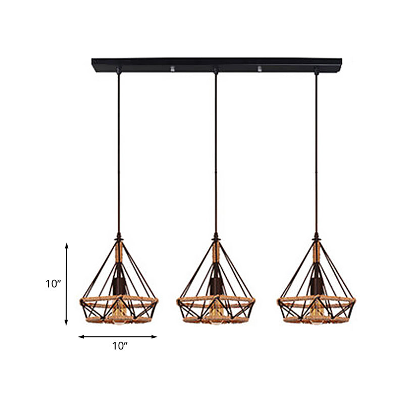 Diamond Cage Pendant Lamp - Industrial Stylish 3 Lights Metal And Rope Black