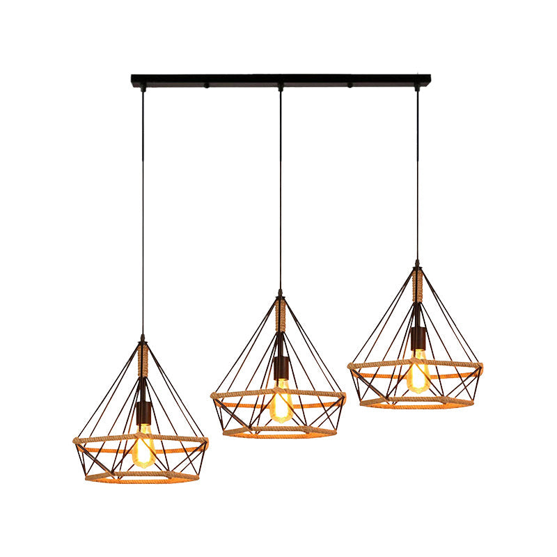Diamond Cage Pendant Lamp - Industrial Stylish 3 Lights Metal And Rope Black