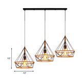 Stylish Diamond Cage Pendant Lamp - 3-Light Metal And Rope Hanging Fixture With Black Round/Linear