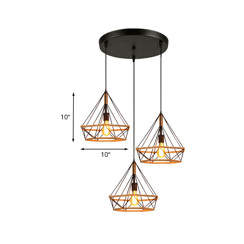 Diamond Cage Pendant Lamp - Industrial Stylish 3 Lights Metal And Rope Black