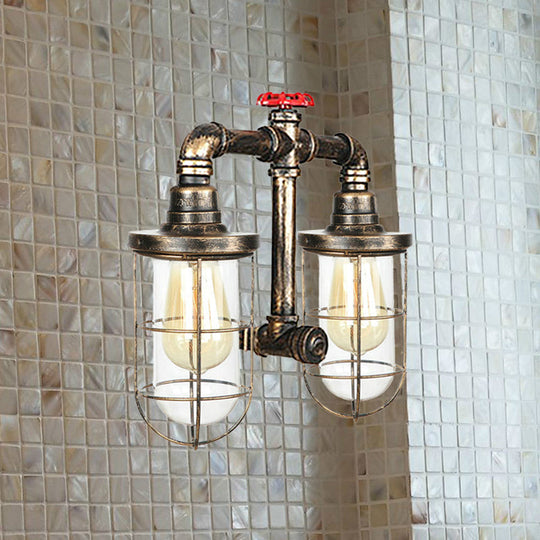 Farmhouse Wire Guard Wall Lamp - Vintage Brass Wrought Iron Sconce With Valve Wheel Design 2 Bulbs