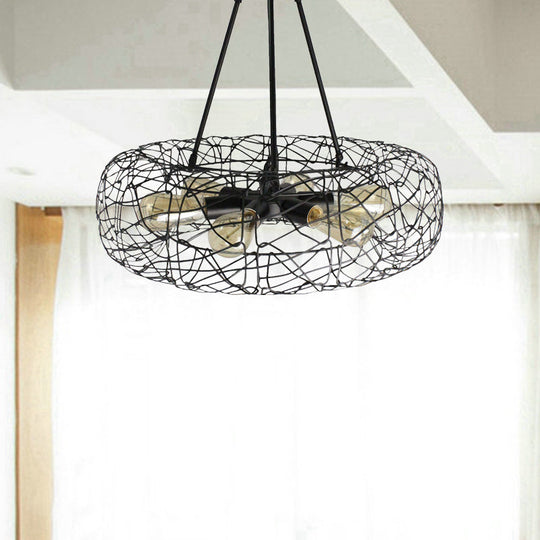 Industrial Black Metal Ceiling Chandelier With 6-Light Drum Fixture And Mesh Screen