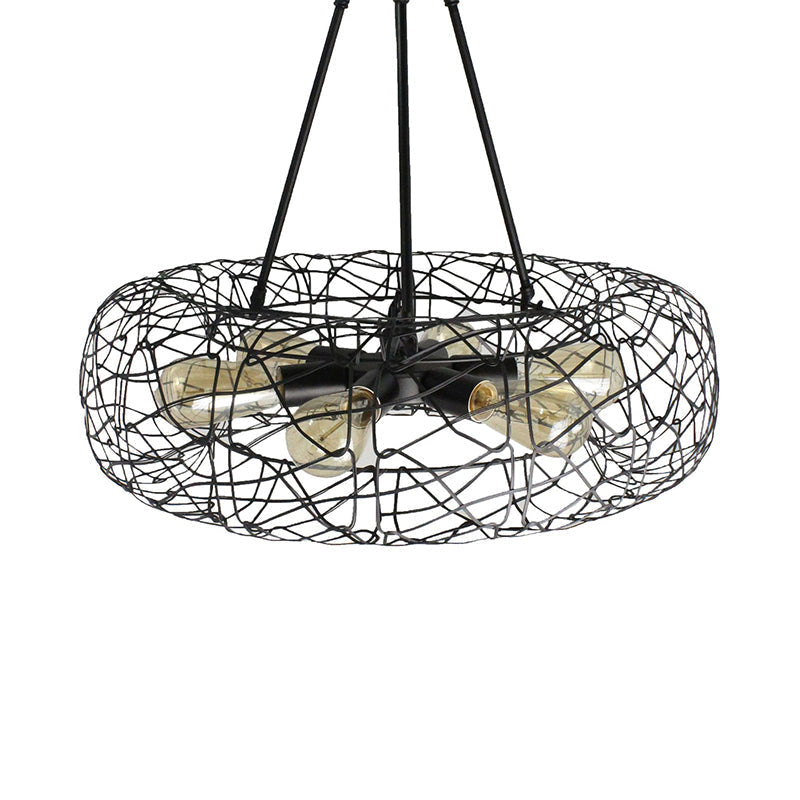 Industrial Black Metal Ceiling Chandelier With 6-Light Drum Fixture And Mesh Screen
